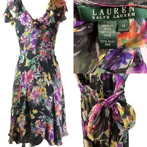 Lauren Ralph Lauren Floral Silk Midi Dress - Black, Purple, Yellow